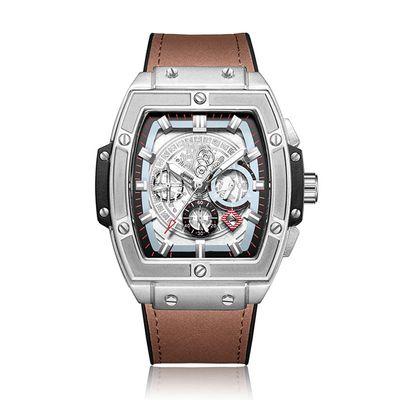 SHATONG Fashionable Multi-dial Mechanical Mens Watch Luminous Pointer Tonneau-Shaped Mens Watch with Silicone Covered Leather Strap,dial Diameter 46mm