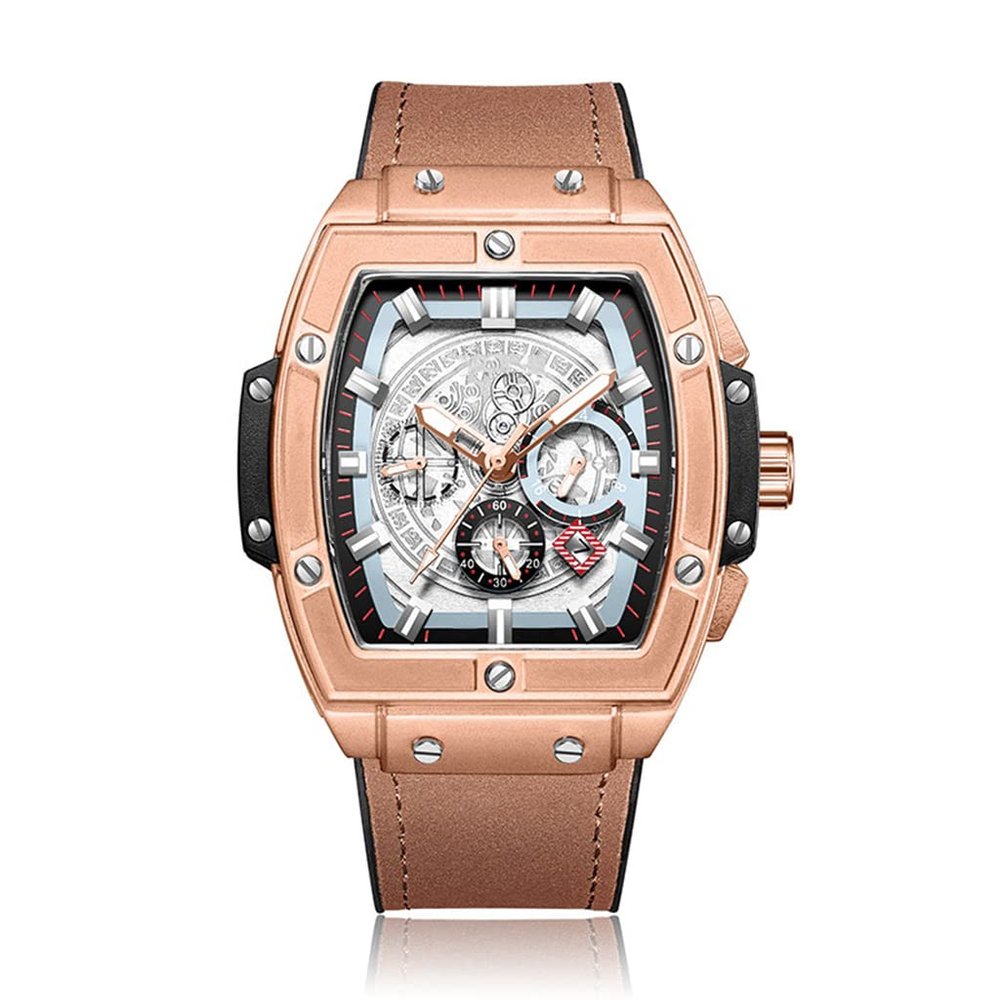 SHATONG Fashionable Multi-dial Mechanical Mens Watch Luminous Pointer Tonneau-Shaped Mens Watch with Silicone Covered Leather Strap,dial Diameter 46mm