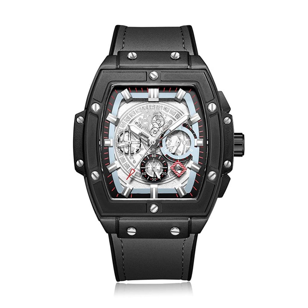 SHATONG Fashionable Multi-dial Mechanical Mens Watch Luminous Pointer Tonneau-Shaped Mens Watch with Silicone Covered Leather Strap,dial Diameter 46mm