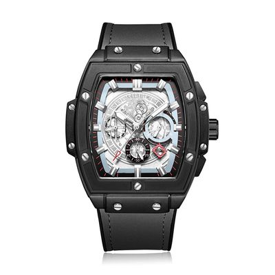SHATONG Automatic Mechanical Watch Men's Fashion Tonneau-Shaped Multi-Function Luminous Men's Watch with Silicone Bag Leather Strap