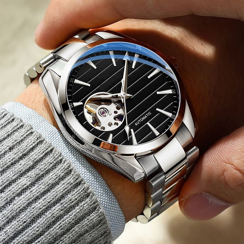 SHATONG Business Round Men's Mechanical Hollow Watch Waterproof Watch Luminous Three-Hand Stainless Steel Strap Men's Watch