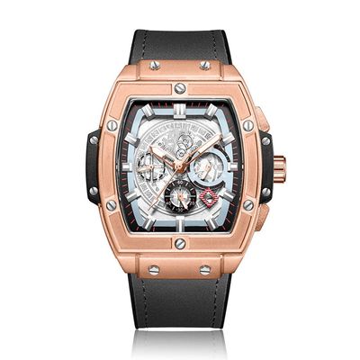 SHATONG Automatic Mechanical Watch Men's Fashion Tonneau-Shaped Multi-Function Luminous Men's Watch with Silicone Bag Leather Strap