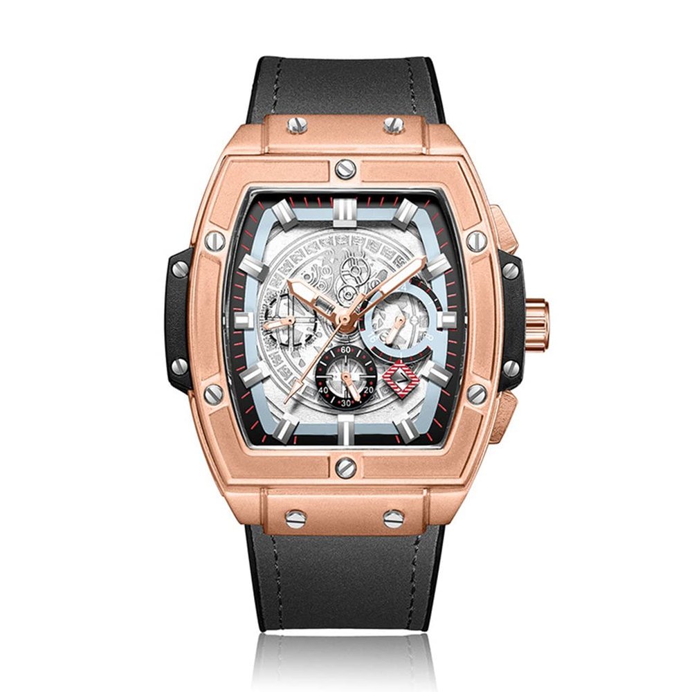 SHATONG Automatic Mechanical Watch Men's Fashion Tonneau-Shaped Multi-Function Luminous Men's Watch with Silicone Bag Leather Strap