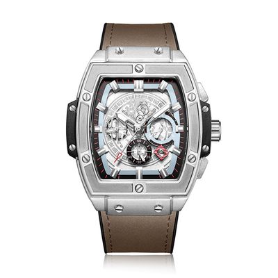 SHATONG Fashionable Multi-dial Mechanical Mens Watch Luminous Pointer Tonneau-Shaped Mens Watch with Silicone Covered Leather Strap,dial Diameter 46mm