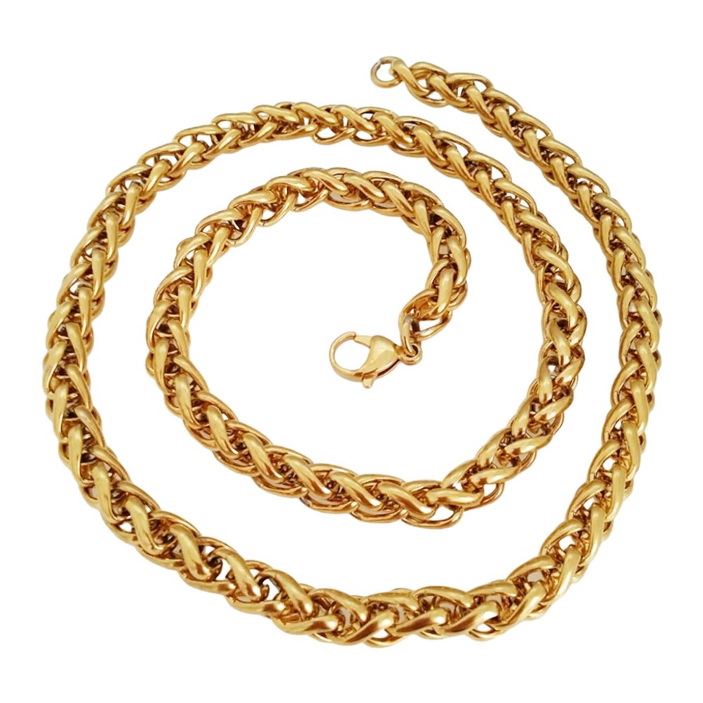 INFINIQUE CREATIONS 18K Gold Plated Stainless Steel Wheat Braided Chain Bracelet Necklace 3mm - 8mm (26, 5mm, Gold)