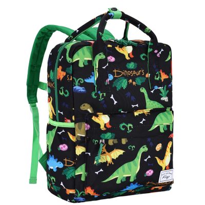 Kasgo Kids School Backpack, 14.5 Inch Lightweight Water-Resistant Primary Preschool Bag for Toddler Boys Girls Ages 5-8, Fits A4 Folder, with Chest Strap & Name Tag, Black Dinosaur