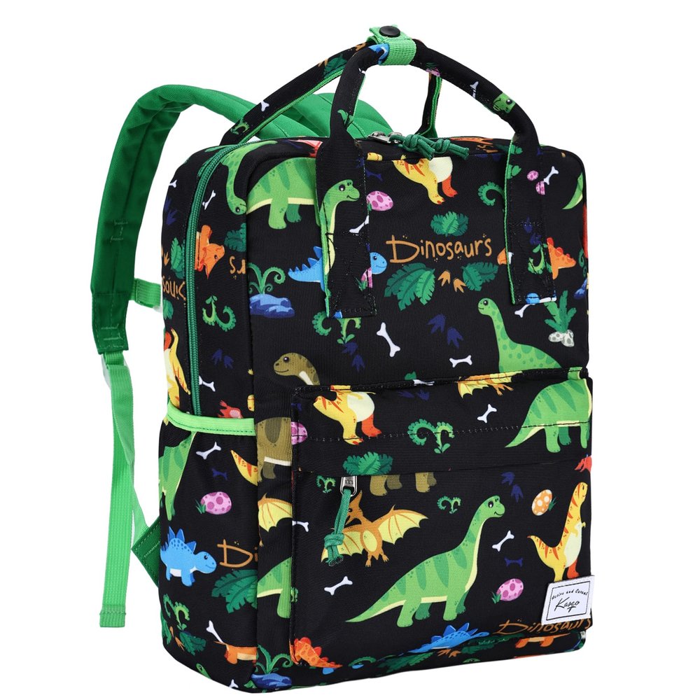 Kasgo Kids School Backpack, 14.5 Inch Lightweight Water-Resistant Primary Preschool Bag for Toddler Boys Girls Ages 5-8, Fits A4 Folder, with Chest Strap & Name Tag, Black Dinosaur