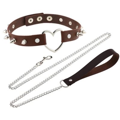 JNKET Rivets Choker Punk Hauling Chain PU Leather Collar Peach Heart Gothic Necklace NightClub Goth Leash Belts (Light coffee)