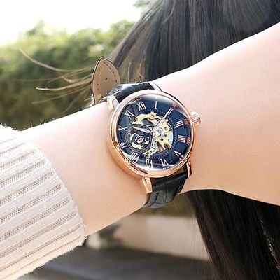 SHATONG Fashion Double-Sided Hollow Mechanical Female Watch Multifunctional Waterproof Ladies Watch with Leather Strap