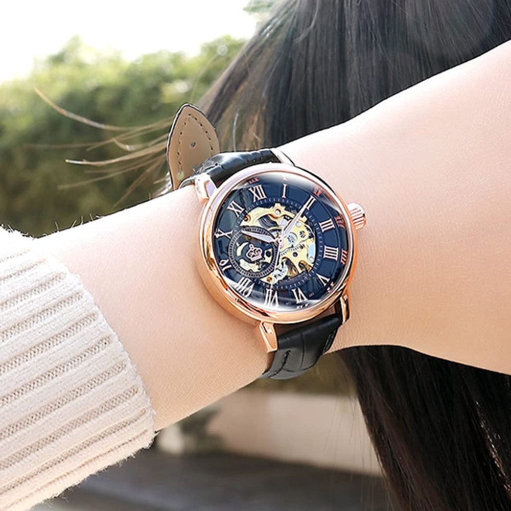 SHATONG Fashion Double-Sided Hollow Mechanical Female Watch Multifunctional Waterproof Ladies Watch with Leather Strap