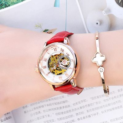 SHATONG Fashion Double-Sided Hollow Mechanical Female Watch Multifunctional Waterproof Ladies Watch with Leather Strap