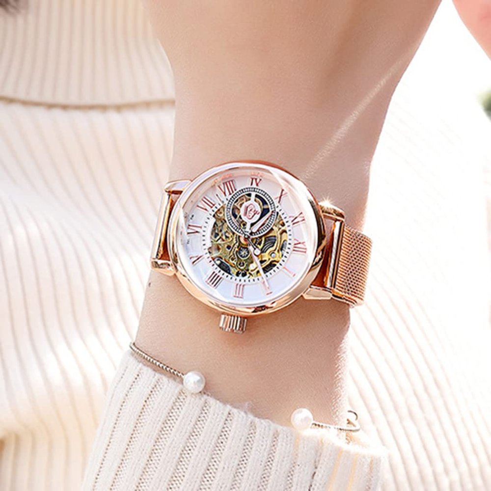 SHATONG Fashion Mechanical Female Watch Hollow Waterproof Luminous Analog Ladies Watch,Diameter 36mm,mesh Strap/Leather Strap/Steel Strap