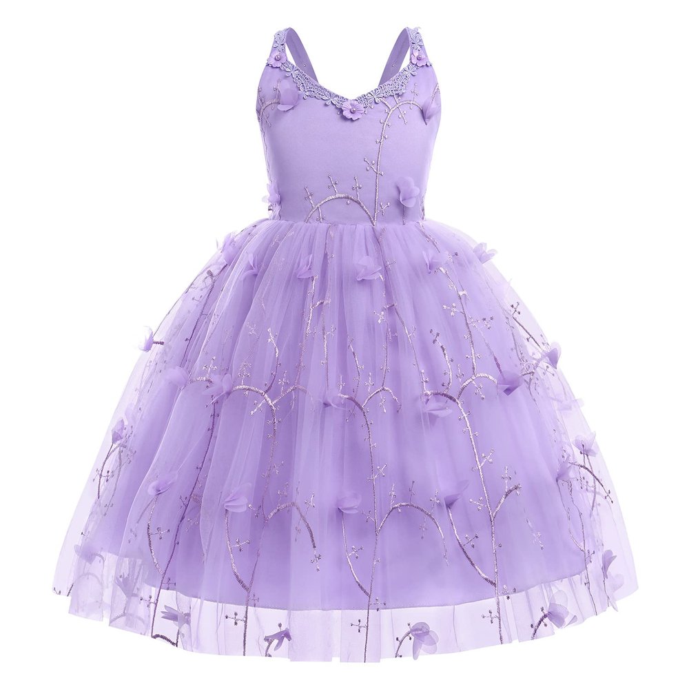 IWEMEK Wedding Flower Girl Tulle Dress Applique Embroidery Summer Cami Dresses Backless Princess Holiday Pageant Junior Bridesmaid Dress Communion Baptism Birthday Party Ball Gown Purple 18-24 Months