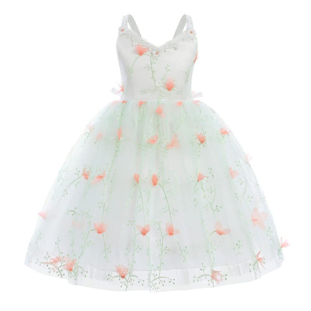 IWEMEK Wedding Flower Girl Spaghetti Strap Dress Baby Applique Summer Dresses Backless Princess Holiday Pageant Junior Bridesmaid Dress Communion Baptism Birthday Party Ball Gown Green 18-24 Months