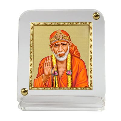 Dcore Gold-Plated Foil On Acrylic Base Car Dashboard. Idol- Gold-Plated Recta Sai Baba Ji with Japa Mala, Standard, Gold, White
