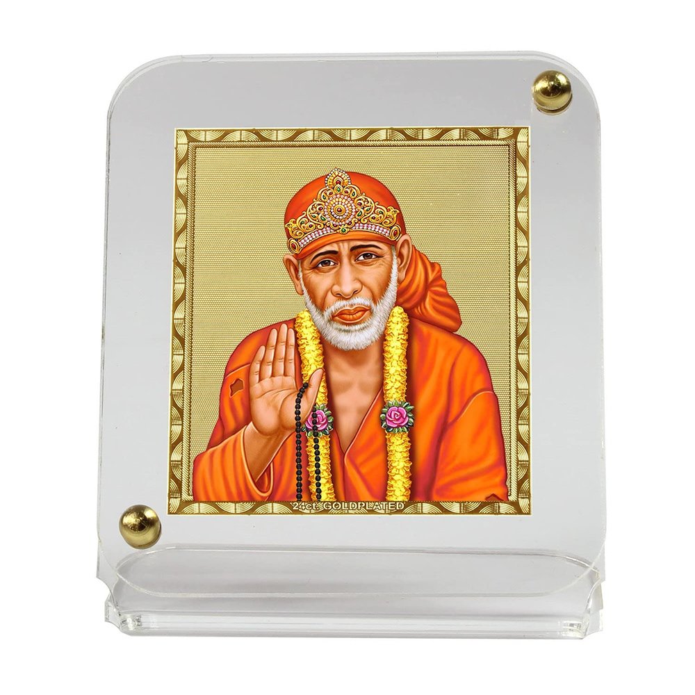 Dcore Gold-Plated Foil On Acrylic Base Car Dashboard. Idol- Gold-Plated Recta Sai Baba Ji with Japa Mala, Standard, Gold, White