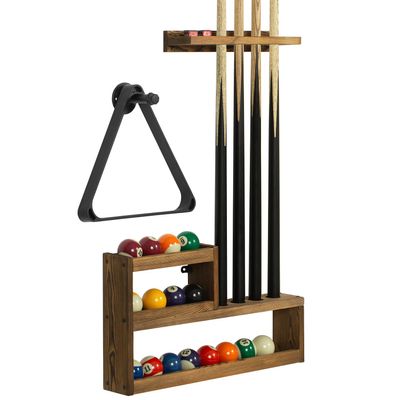 MyGift Pool Cue Rack Set, Rustic Burnt Solid Wood Billiards Cue Stand Wall Mount Holder, Ball Storage with Industrial Pipe Triangle Rack Hanging Hook