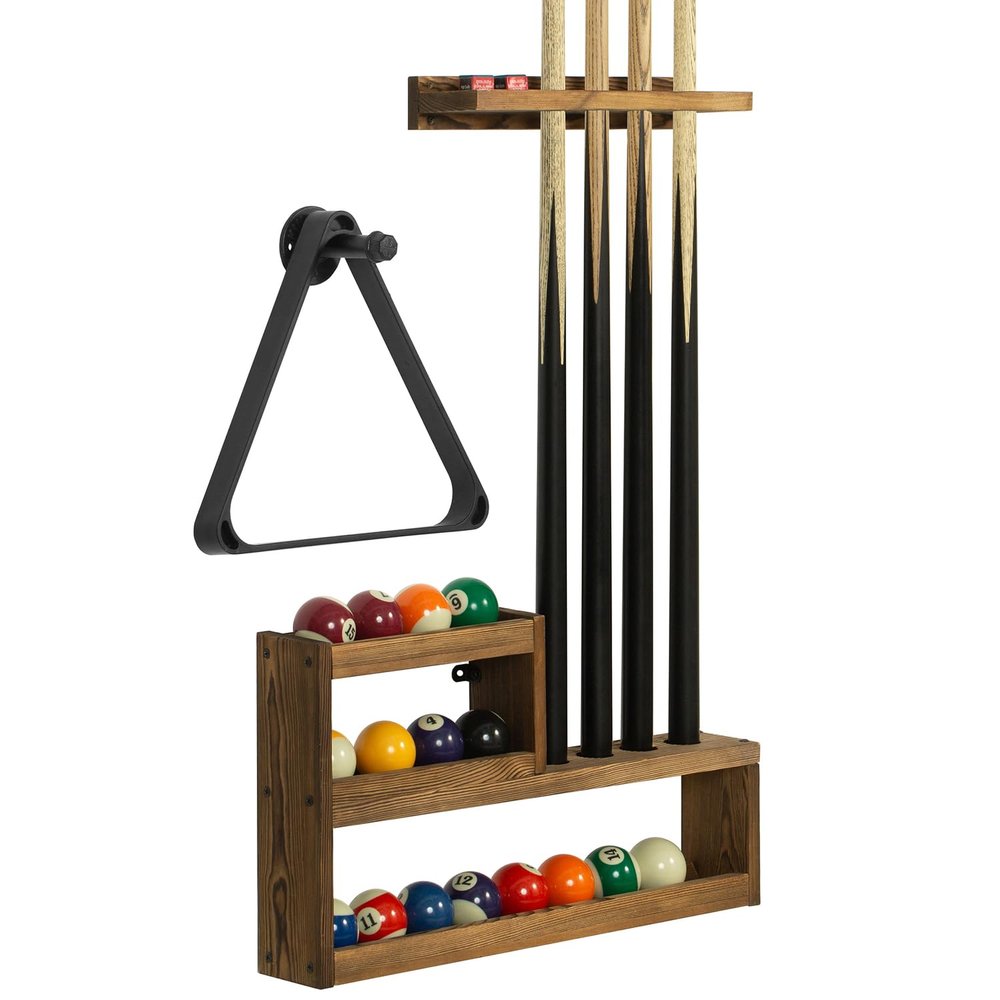MyGift Pool Cue Rack Set, Rustic Burnt Solid Wood Billiards Cue Stand Wall Mount Holder, Ball Storage with Industrial Pipe Triangle Rack Hanging Hook