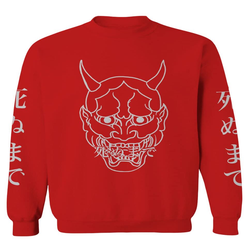 0457. Big Japanese Art White Demon Hannya Graphic Traditional Till Death Anime Gothic Streetwear Men's Crewneck Sweatshirt (Red, Small)