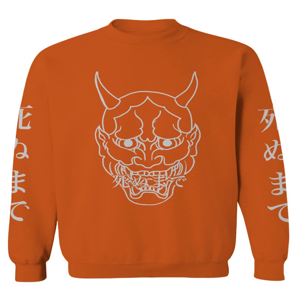 0457. Big Japanese Art White Demon Hannya Graphic Traditional Till Death Anime Gothic Streetwear Men's Crewneck Sweatshirt (Orange Small)