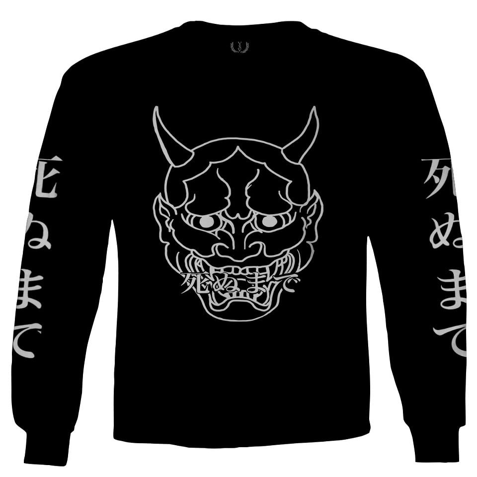 0457. Big Japanese Art White Demon Hannya Graphic Traditional Till Death Anime Gothic Streetwear Men's Long Sleeve t Shirt (Black, Small)