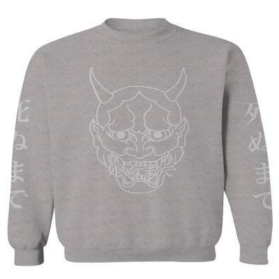 0457. Big Japanese Art White Demon Hannya Graphic Traditional Till Death Anime Gothic Streetwear Men's Crewneck Sweatshirt (Light Gray Medium)