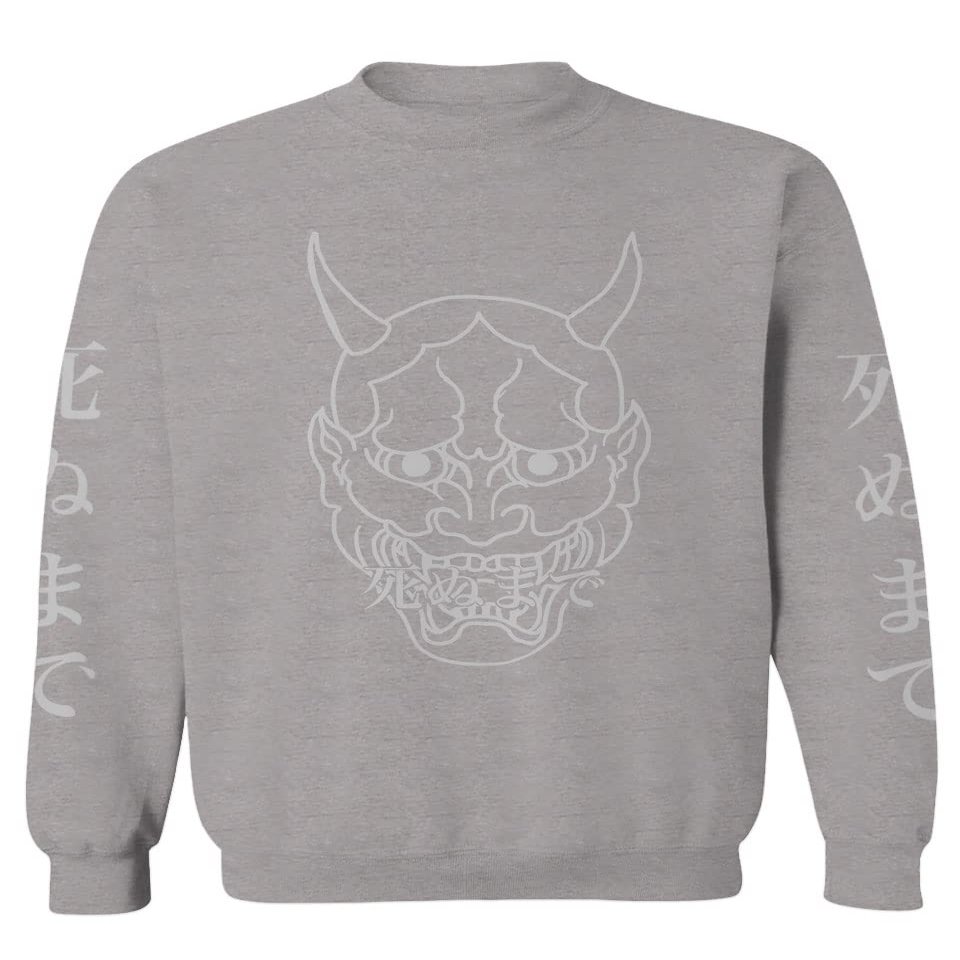 0457. Big Japanese Art White Demon Hannya Graphic Traditional Till Death Anime Gothic Streetwear Men's Crewneck Sweatshirt (Light Gray Medium)