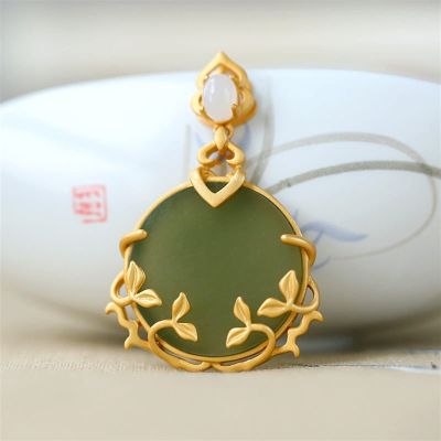 SMDSAZ Designer Original New Ancient Gold Craftsmanship Inlaid Natural Hetian Jade Bamboo Leaf Necklace Pendant Ladies Jewelry (Gem Color : Necklace 45CM)
