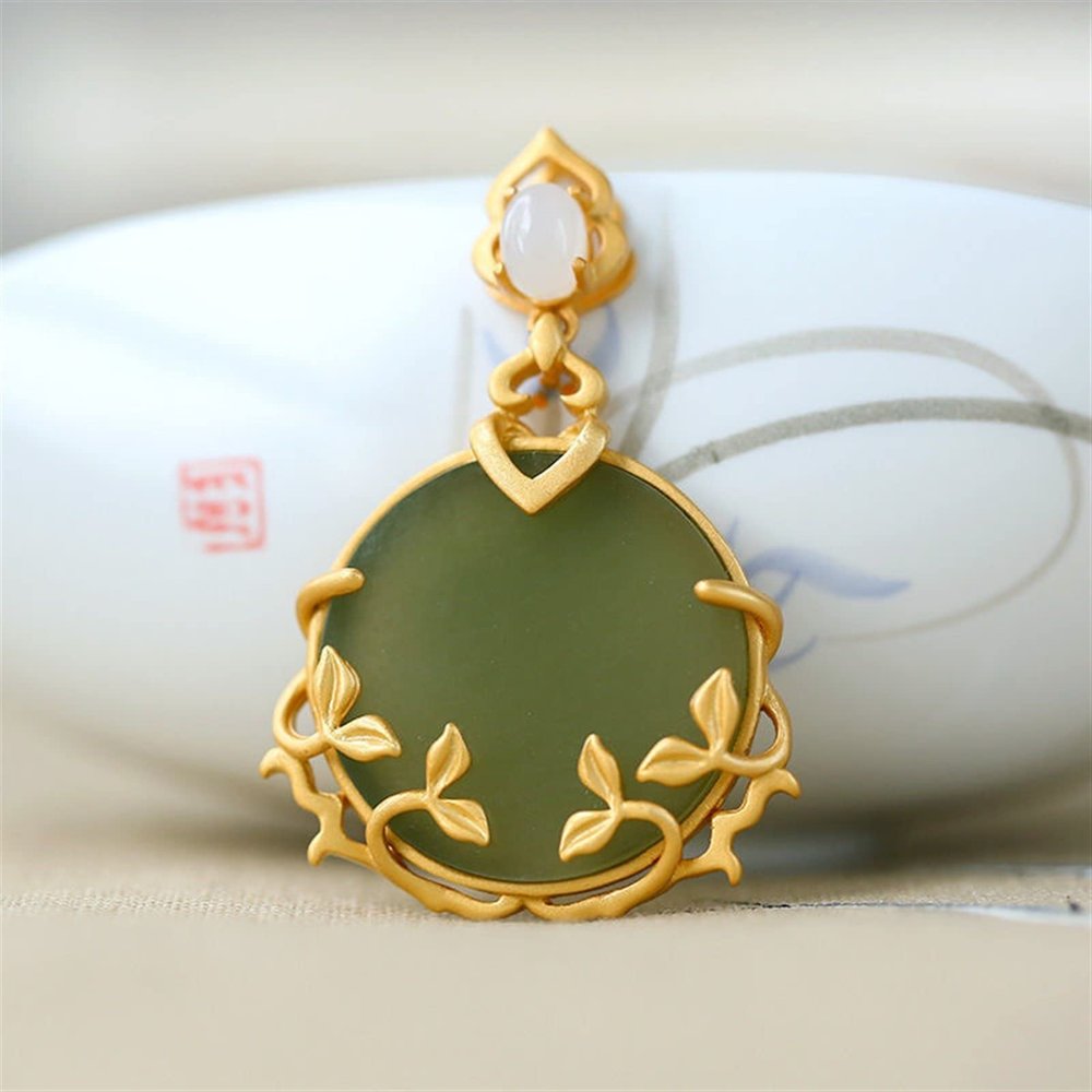 SMDSAZ Designer Original New Ancient Gold Craftsmanship Inlaid Natural Hetian Jade Bamboo Leaf Necklace Pendant Ladies Jewelry (Gem Color : Necklace 45CM)