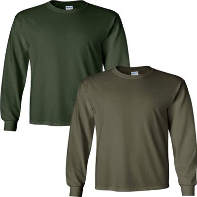 Apparel Globe Adult Ultra Cotton Long-Sleeve T-Shirt, 1 Frst Grn + 1 Miltry Grn, Large 2-PK
