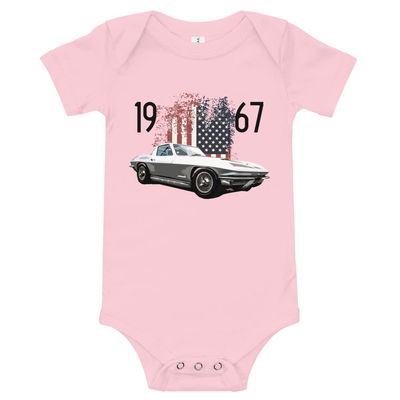 1967 Chevy 'Vette C2 Muscle Car Classic Cars Baby Onesie Short Sleeve one Piece Pink