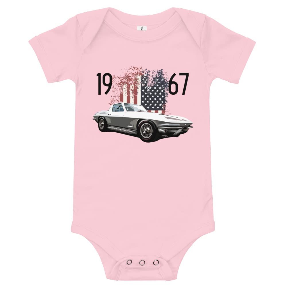 1967 Chevy 'Vette C2 Muscle Car Classic Cars Baby Onesie Short Sleeve one Piece Pink