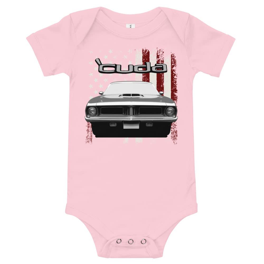 1972 Cuda Barracuda Muscle Car Classic Cars Baby Onesie Short Sleeve one Piece Pink