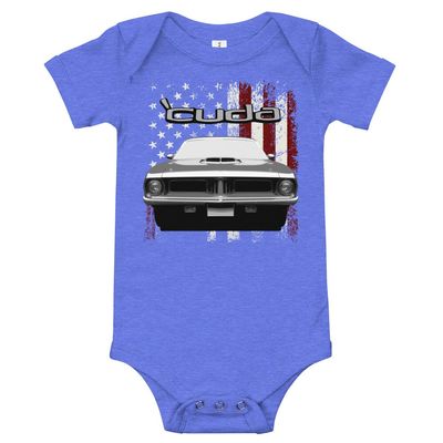 1972 Cuda Barracuda Muscle Car Classic Cars Baby Onesie Short Sleeve one Piece Heather Columbia Blue
