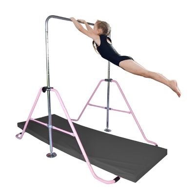 Kids Jungle Gym Gymnastic Horizontal Kip Bar, Children Monkey Bar Adjustable Height Gymnastics Athletic Expandable Balance Bars, Junior Training Play Gym Pink with 2Ft x 6Ft Gymnastic Black Mat