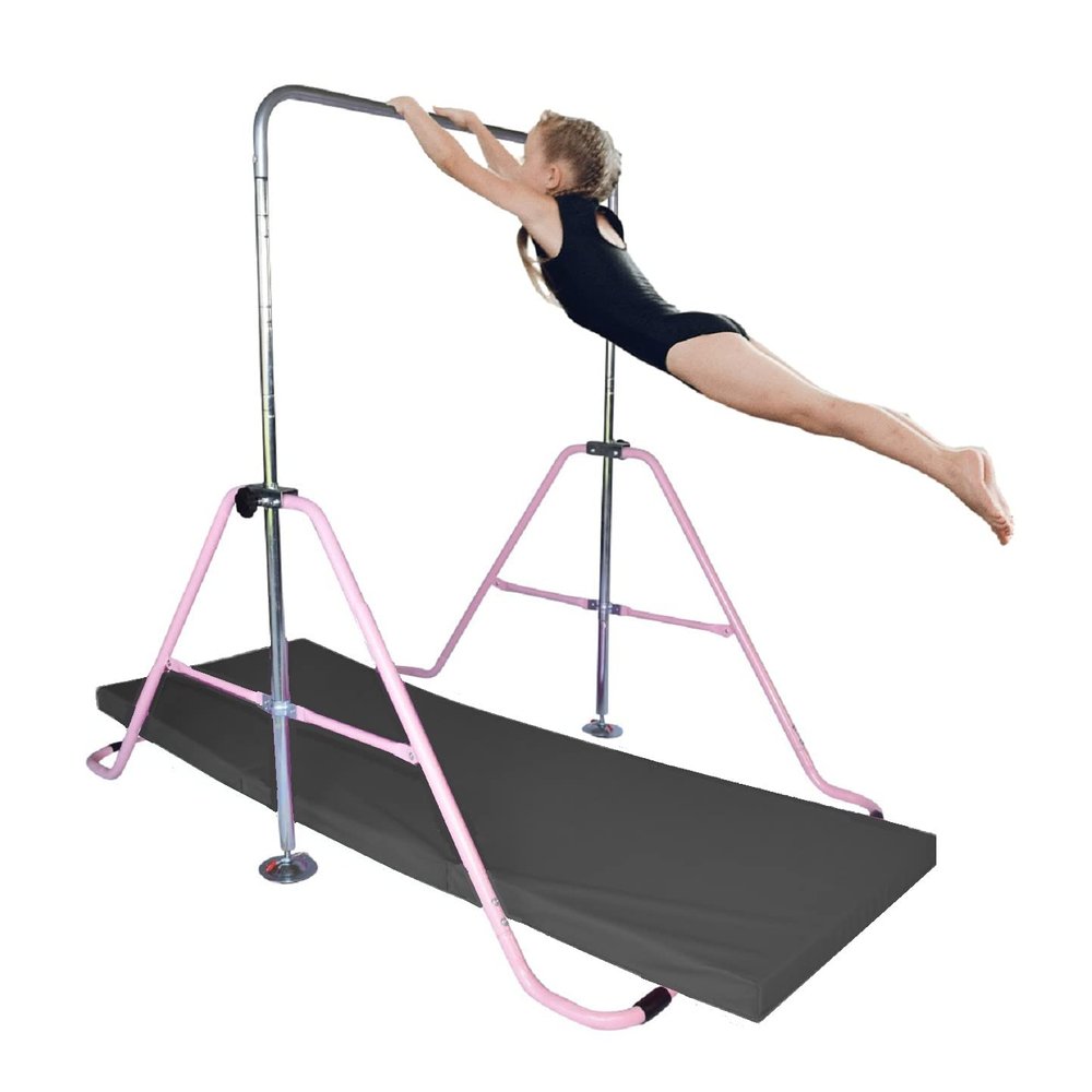 Kids Jungle Gym Gymnastic Horizontal Kip Bar, Children Monkey Bar Adjustable Height Gymnastics Athletic Expandable Balance Bars, Junior Training Play Gym Pink with 2Ft x 6Ft Gymnastic Black Mat