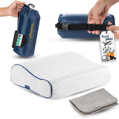 alkamto Travel & Camping Comfortable Memory Foam Pillow Easy to Carry Portable Bag Temperature Regulating Pillow Case (White Contour + Extra Cover)
