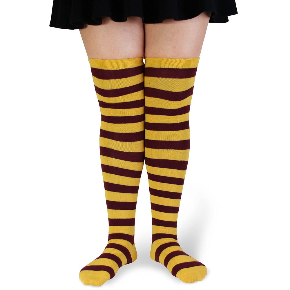 Spotlight Hosiery Over Knee Thigh High Socks, Yellow Maroon Stripe, One Size&Plus size Women, 1PR