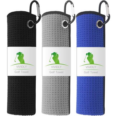 VIVIDLY 3 Pack Golf Towels (16" X 16"), Microfiber Waffle Pattern Golf Towel with Carabiner Clip, Suitable for Men's Golf Gifts (Black/Grey/Blue)