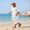 COOFANDY Men's 2 Pieces Linen Set Henley Shirt Short Sleeve and Harem Capri Pants Wide Leg Baggy Beach Yoga Trousers Outfits view 4