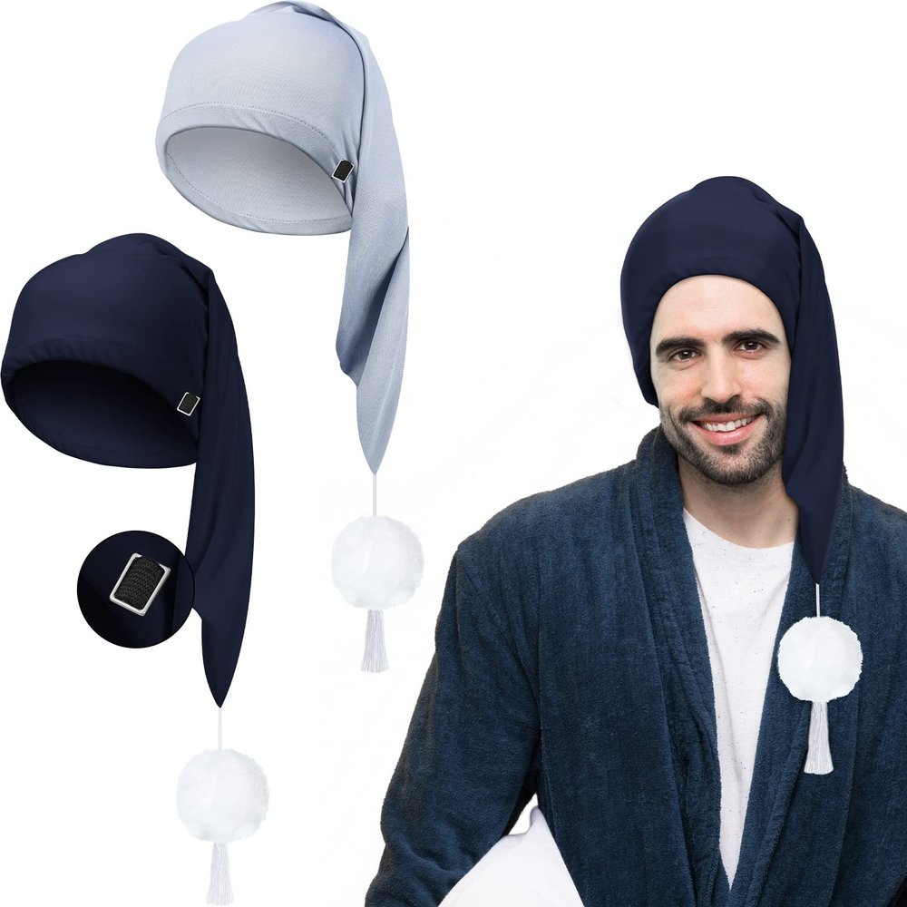 Geyoga 2 Pcs Men Silk Night Sleeping Cap Adjustable Drawstring Night Sleeping Cap with Pom Ball for Daily Use(Milk Fiber,Light Gray, Navy Blue)