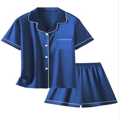 Schbbbta Satin Pajamas for Girls, 2 Pcs Sleepwear Button-Down Short Sleeve Silk Summer Pajama Set for Girls, Navy, 9-10 Years = Tag 150