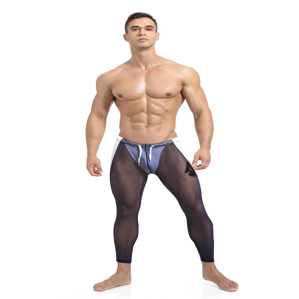 Jugaoge Men Sexy See Through Leggings Tight Pants Butt Lifting Sports Leggings High Waisted Tummy Control Workout Shorts Navy Blue X-Large