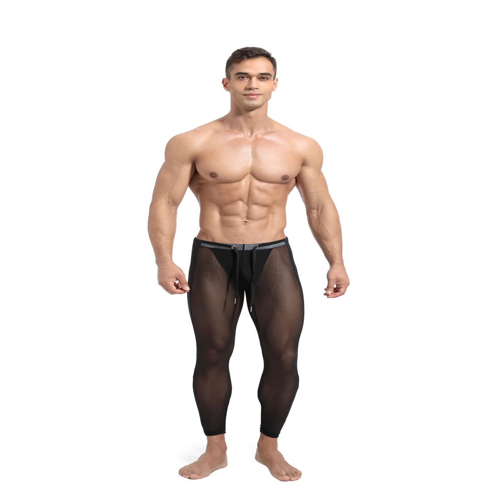 Jugaoge Men Sexy See Through Leggings Tight Pants Butt Lifting Sports Leggings High Waisted Tummy Control Workout Shorts Black Small