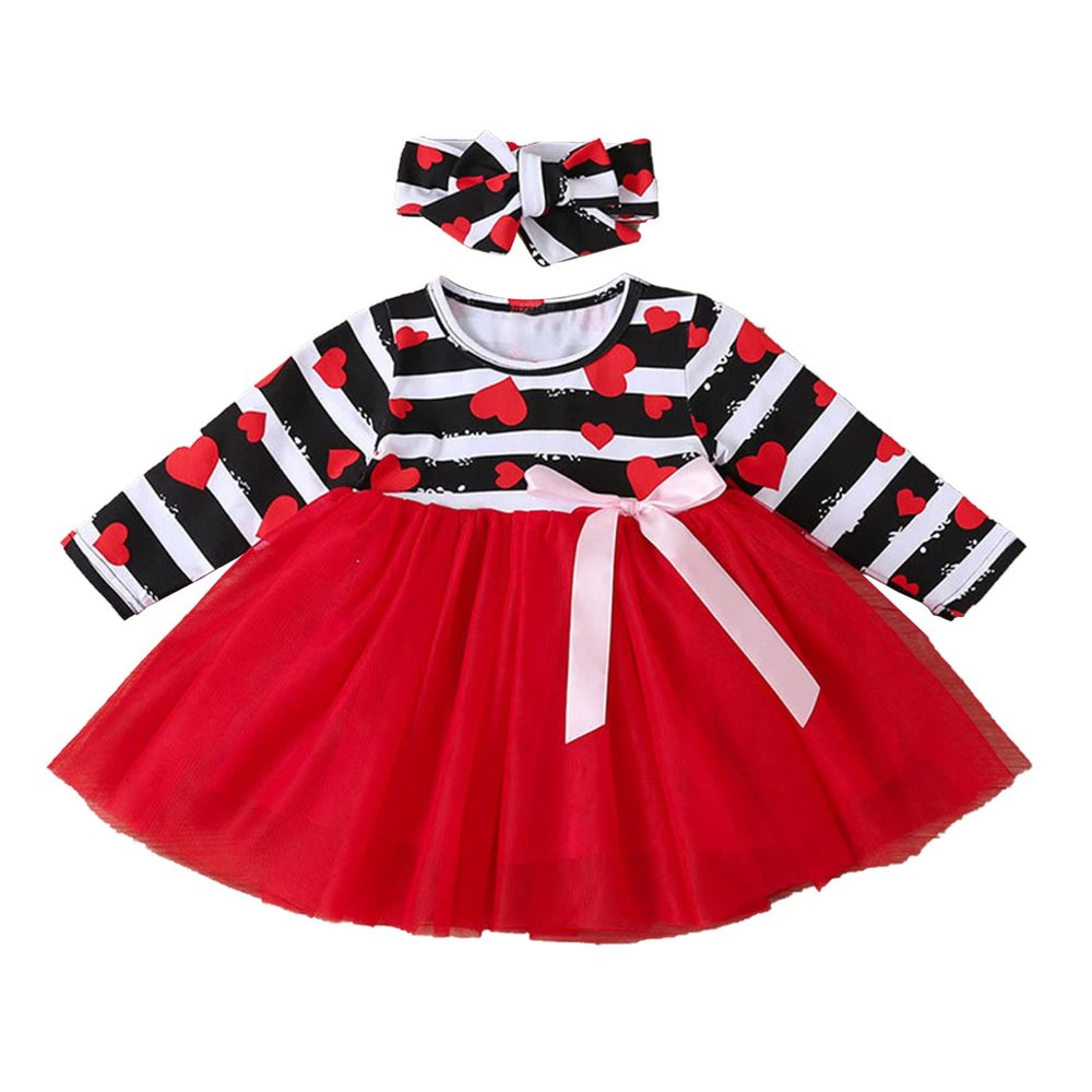 ACSUSS Baby Girls 2pcs Fall Clothes Long Sleeve Stripes Heart Print Valentine Princess Dress Red 6-12 Months