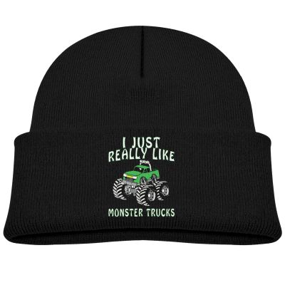 DARLEKS I Just Really Like Monster Trucks Kids Hat Knitted Beanie Skull Warm Winter Unisex for Baby Cuffed Beanie Cap Black