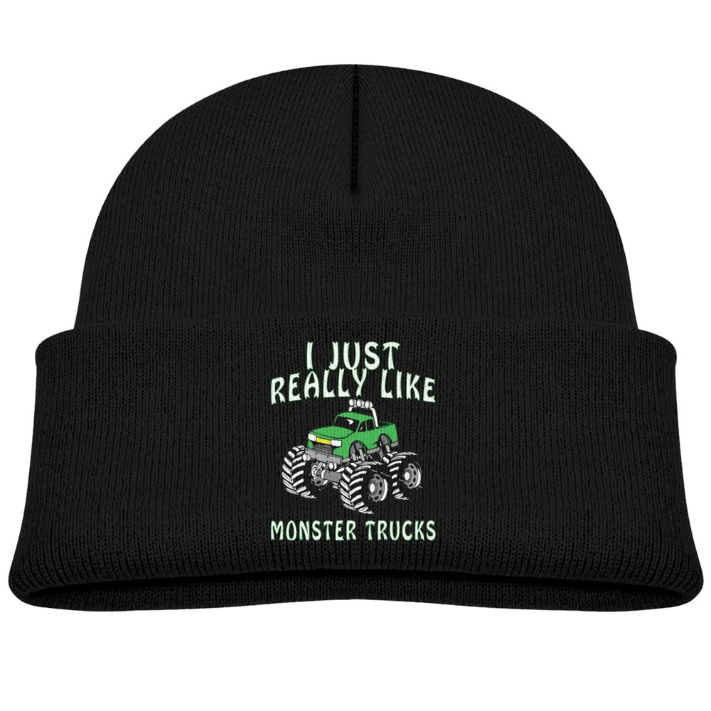 DARLEKS I Just Really Like Monster Trucks Kids Hat Knitted Beanie Skull Warm Winter Unisex for Baby Cuffed Beanie Cap Black