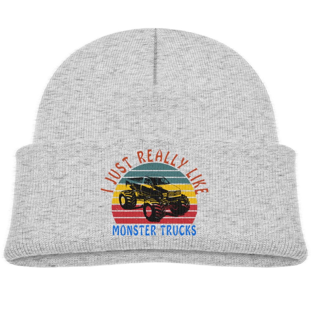 DARLEKS I Just Really Like Monster Trucks Kids Hat Knitted Beanie Skull Warm Winter Unisex for Baby Cuffed Beanie Cap Gray