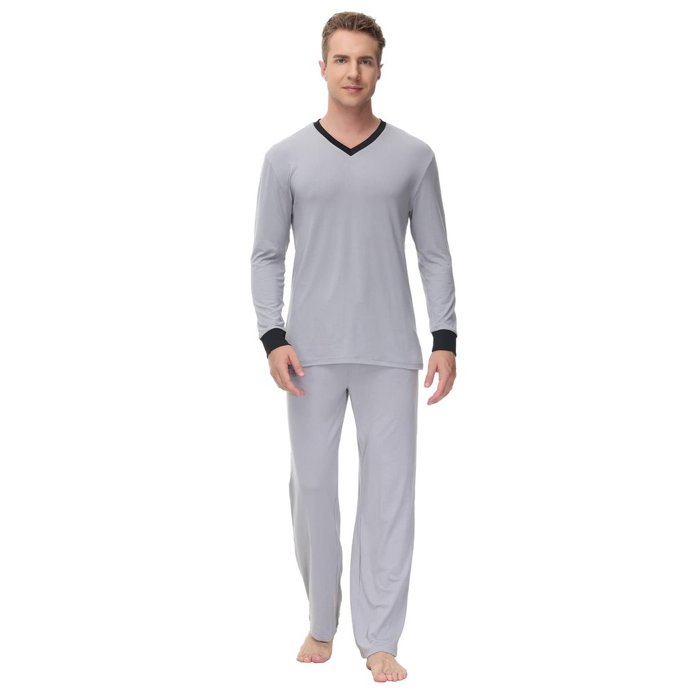 INK+IVY Men Sleepwear Pajama Set Cuffed Long Sleeve V-Neck T-Shirt, Soft Sueded Jersey Vee, and Relaxed Fit Trouser Loungewear, Alloy, Medium