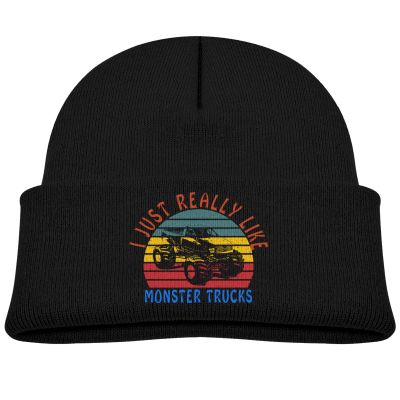 DARLEKS I Just Really Like Monster Trucks Kids Hat Knitted Beanie Skull Warm Winter Unisex for Baby Cuffed Beanie Cap Black